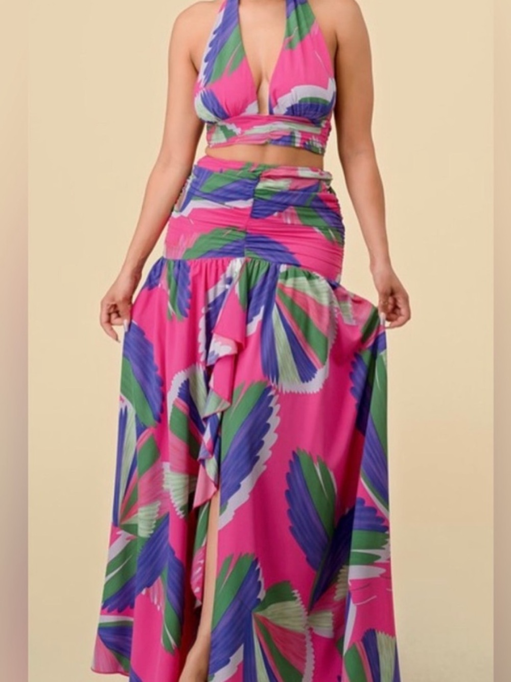 Pink Tropical Print Maxi Skirt with Green & Blue Accents please read the below